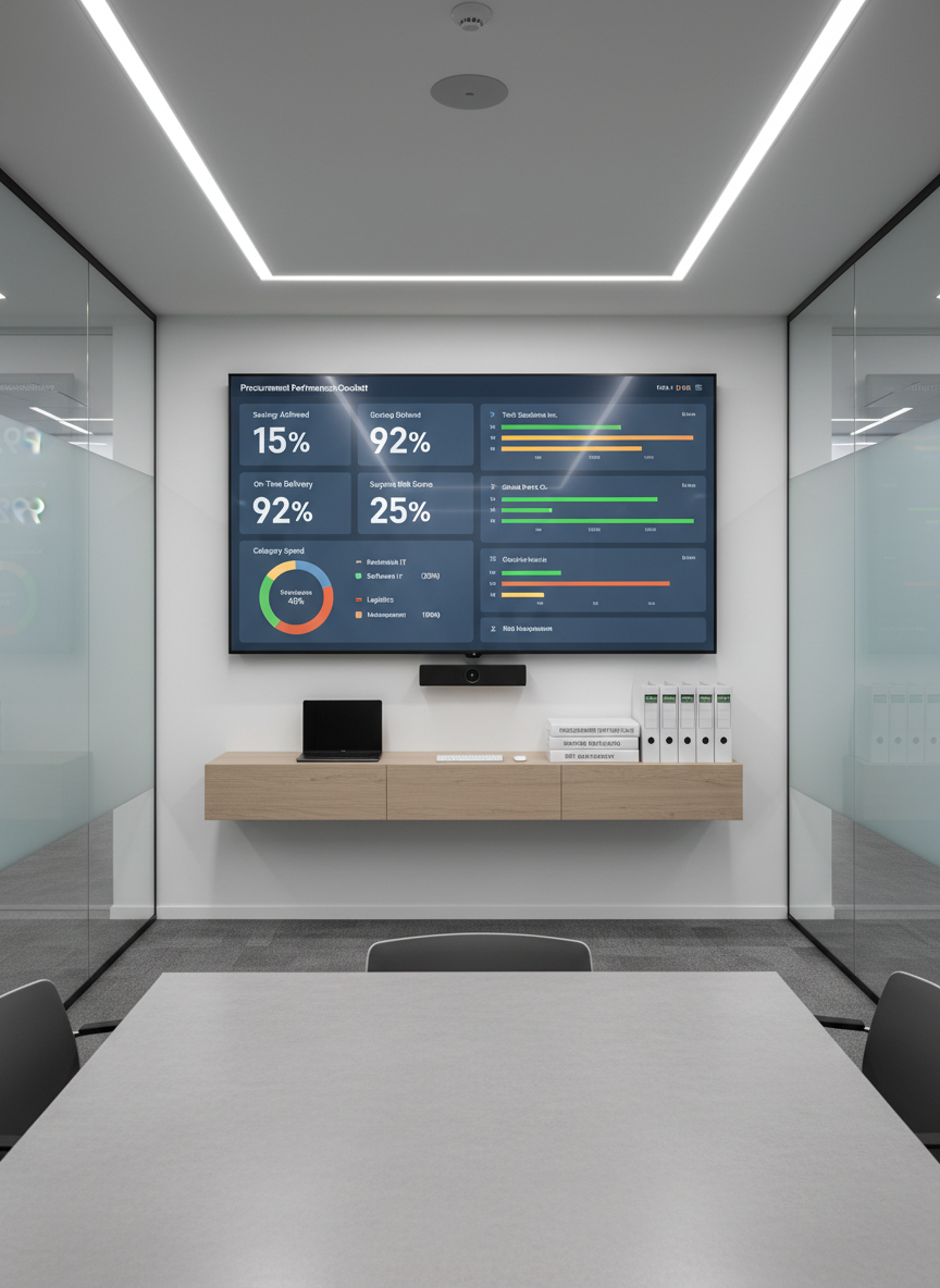 A large, wall-mounted digital dashboard displaying a procurement performance cockpit with clear KPIs, supplier scorecards, and category spend breakdowns in precise, muted corporate colors. Below, a floating wooden console holds a closed matte-black laptop, a slim wireless keyboard, and a neatly stacked set of procurement strategy binders with labeled spines. The setting is a minimalist, glass-walled project room with frosted accents and a neutral gray carpet. Soft, indirect LED ceiling lighting creates an even, professional illumination with subtle reflections on the screen. Photographic realism at eye level emphasizes the clarity of the data and the structured environment, evoking a mood of accountability, transparency, and operational excellence in procurement management.